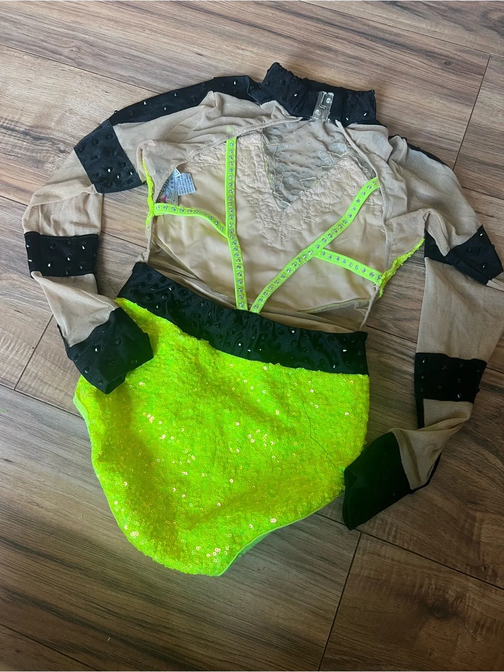Glamour Neon Yellow & Black Dance Costume with Rhinestones